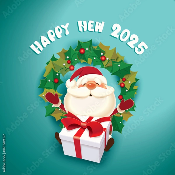 Fototapeta Santa Claus with a gift box and Christmas wreath, Happy New Year 2025 celebrate concept