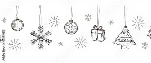 Obraz Hand drawn set of Christmas design doodle elements. Snowflakes, Christmas balls, Christmas trees, gift box, winter branches in sketch style. Vector illustration isolated on white background