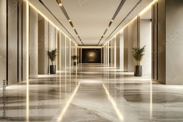 Fototapeta A sleek, modern lobby corridor with wide marble flooring and subtle minimalist lighting, creating a calm and luxurious atmosphere.