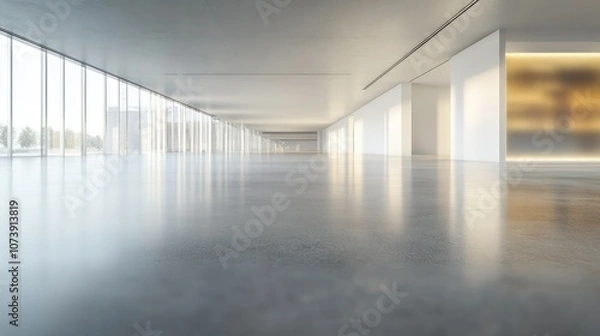 Obraz A spacious minimalist hall with large open spaces, smooth polished concrete flooring, and barely visible blurred signage.