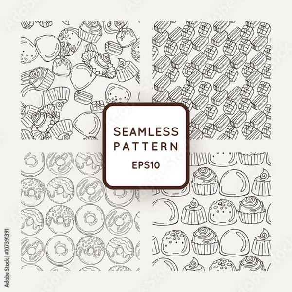 Fototapeta Set of Vector Candy and Muffins Seamless Patterns. Sweet Party Texture.