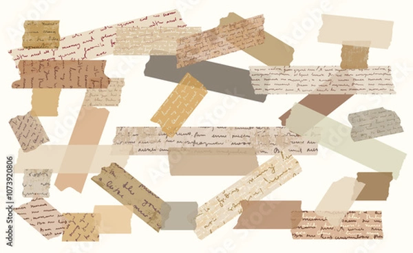 Fototapeta Antique Romantic Brown Vector Adhesive Washi Tape with Torn Edges and Hand Written Unreadable Text, Cute Beige Masking Paper Pieces with Cursive Handwriting