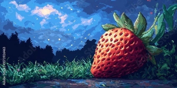 Fototapeta Single red strawberry with green leaves under a night sky.