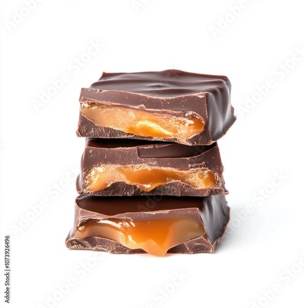 Fototapeta Three pieces of dark chocolate with caramel filling stacked on top of each other, isolated on white background.