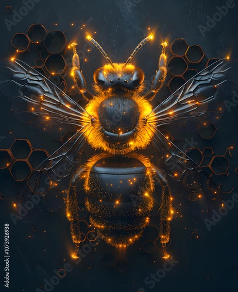 Obraz A vibrant digital artwork featuring a glowing bee set against a honeycomb backdrop, showcasing a captivating play of vivid lights and deep shades. Ideal for various creative purposes