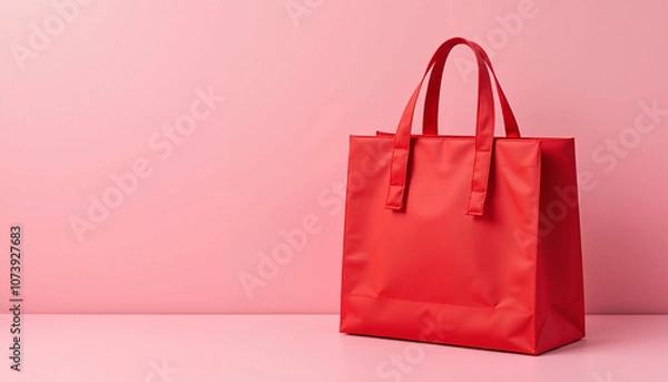 Fototapeta Bright red shopping bag displayed against a soft pink background