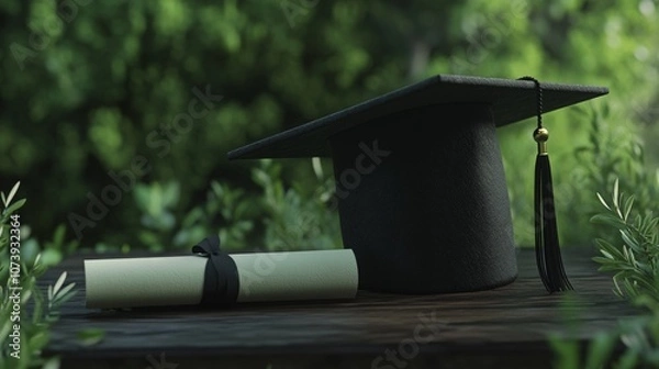 Obraz 3D render of a traditional black graduation cap with a diploma.