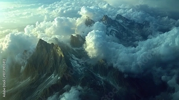 Fototapeta Aerial view of clouds,  mountains in the distance․