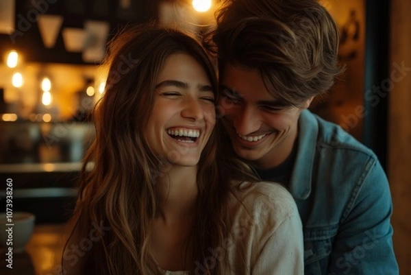 Fototapeta A candid photo of a couple laughing together in a cozy, warmly lit cafe, capturing a moment of happiness, connection, and affection
