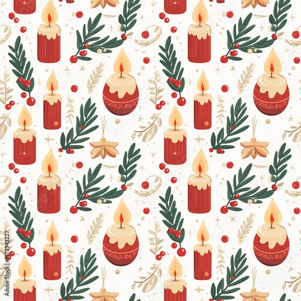 Fototapeta Seamless New Year and Christmas pattern. Colorful festive pattern with red candles, Christmas tree, decorations, red berries on a white background during the winter holidays