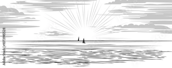 Fototapeta Yachts on horizon. Sunrise. Seascape with water and waves. Image of black silhouette isolated on white background. Vector