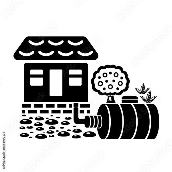 Fototapeta Vector illustration, logo, septic tank barrel icon and house. Isolated on a white background.
