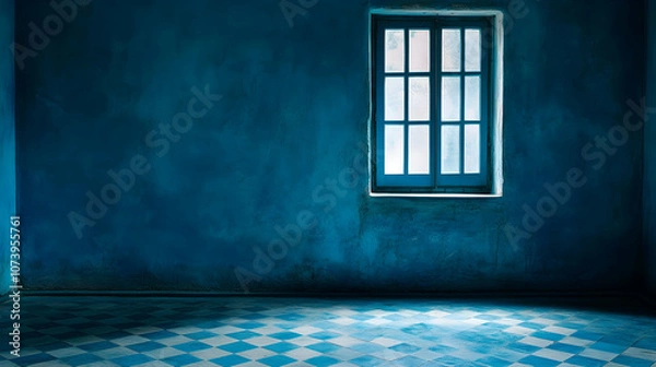 Fototapeta Blue wall with a single window and a tiled floor, ideal for interior design photography. high quality image