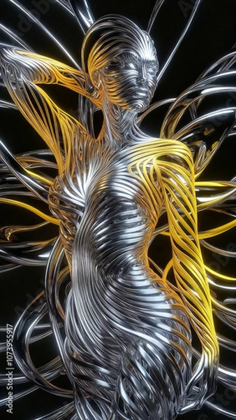 Obraz A stunning, avant-garde digital rendering of a woman's body, intricately crafted from a series of intertwined, overlapping lines forming a complex, three-dimensional shape