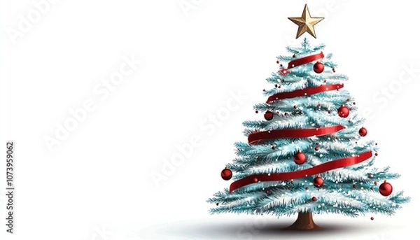 Obraz Decorated Christmas tree with star on top, isolated on white background.