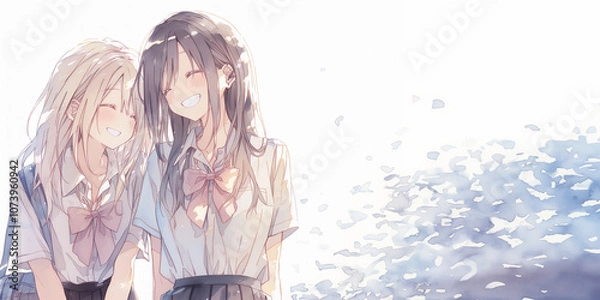 Obraz 仲良し２人の女の子。イラスト。水彩画