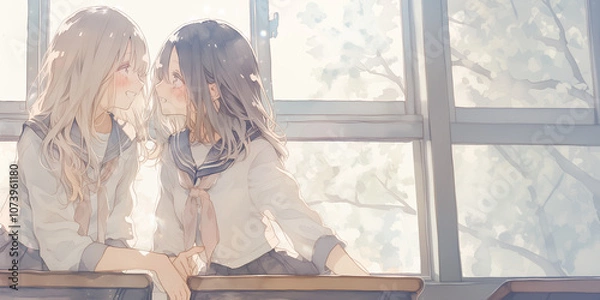 Obraz 仲良し２人の女の子。イラスト。水彩画