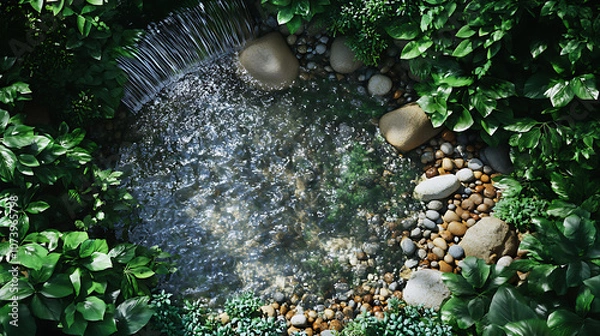 Fototapeta A tranquil stream with pebbles and rocks seen from above The water is crystal clear and reflects lush greenery on both sides of it small waterfall can be seen at one end