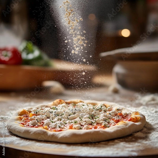 Fototapeta Wood-Fired Pizza Preparation with Flour Dusting in Rustic Kitchen