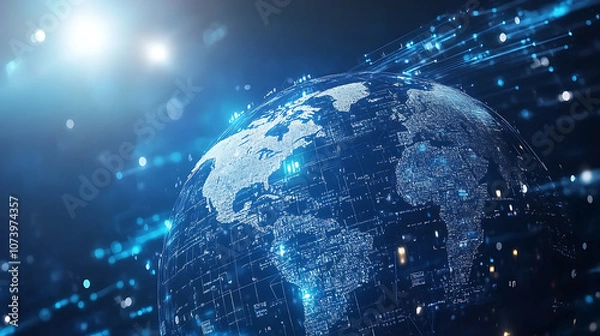 Fototapeta A blue background with a digital globe and global network connections on the right side, representing an international technology business