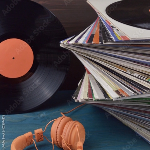 Obraz stack of old black vinyl records
