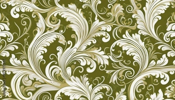 Fototapeta olive and white damask pattern with elegant floral motifs damask seamless pattern