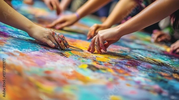Fototapeta Collaborative Mural Creation, artists' hands unite in a vibrant display of creativity, teamwork, and shared vision, illustrating the power of collaboration in art.