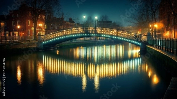 Obraz Illuminated Bridge at Night, showcasing vibrant city lights reflecting on calm waters, highlighting the elegance of urban architecture and nighttime serenity.