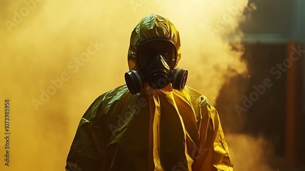 Obraz Man Standing Alert In Yellow Hazmat Suit Ready For Action Image