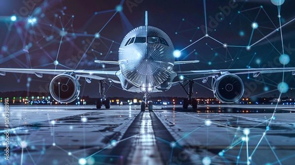 Fototapeta An Airplane on the Runway at Night, Illuminated by City Lights and Enhanced With Digital Technology Elements Representing Connectivity and Innovation in Aviation
