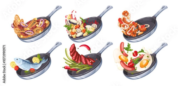 Fototapeta Tossing in air cartoon frying pan with food set. Meat and fish, vegetables and seafood ingredients cooked in frying pan with spices. Cooking mascot, cartoon chef skillets of dinner vector illustration