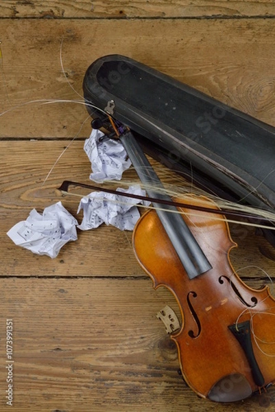 Fototapeta old broken violin on rural wooden floor with antique violin case and tattered fiddlestick