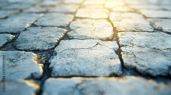Fototapeta Close-up of cracked pavement with a warm light reflecting off the surface.