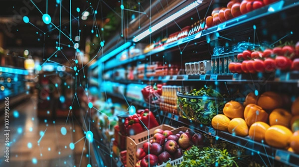 Obraz A Vibrant Grocery Store Aisle Filled With Fresh Fruits and Vegetables, Showcasing Colorful Produce and Healthy Options, Captured in a Bustling Urban Market During the Late Afternoon