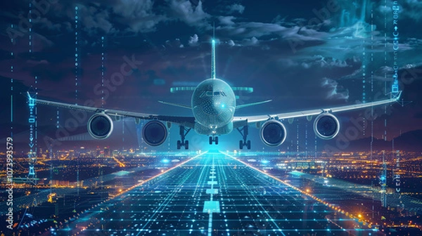 Fototapeta A Futuristic Airplane Takes off at Night With Neon Lights and Digital Elements Enhancing the Runway, Showcasing Advanced Aviation Technology and Innovation in Transportation