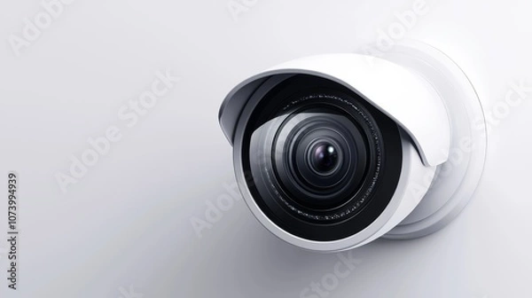 Fototapeta Minimalist closed-circuit camera, sharp focus on lens and body, crisp white background, ideal for product marketing, surveillance camera, advertisement concept