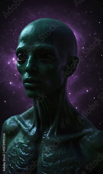 Fototapeta Alien with purple glow and black eyes in the void