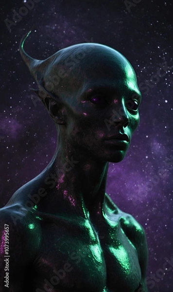 Fototapeta Alien with purple glow and black eyes in the void