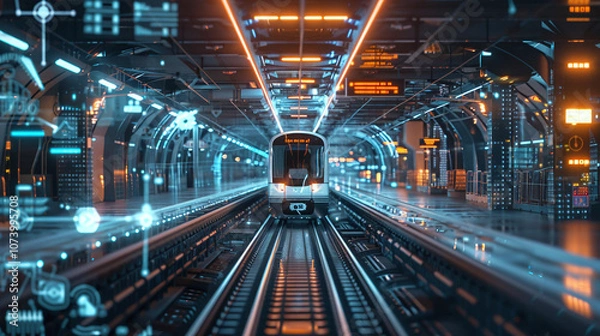 Fototapeta A Futuristic Subway Train Arrives at a High-Tech Underground Station Illuminated by Neon Lights and Digital Displays