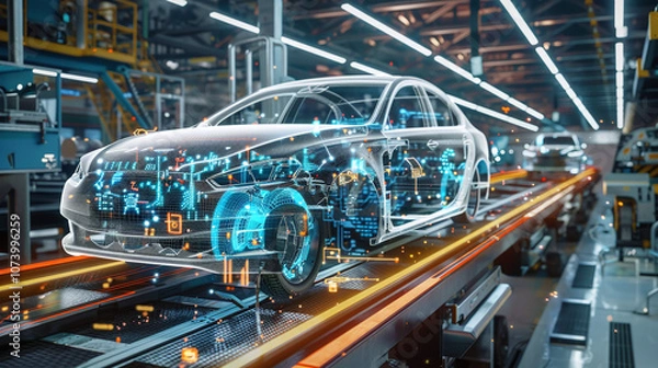 Obraz A Modern Automotive Assembly Line Showcasing a Car Design Process, With Digital Technology Visualizations Enhancing the Production Experience in a High-Tech Factory Environment