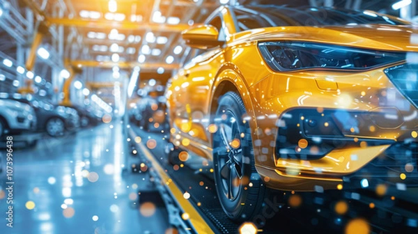Fototapeta Bright Orange Car Nearing Completion on an Assembly Line in a Spacious Automotive Manufacturing Facility During Daytime
