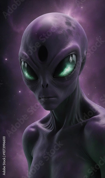Fototapeta Alien in space with shining eyes and violet light