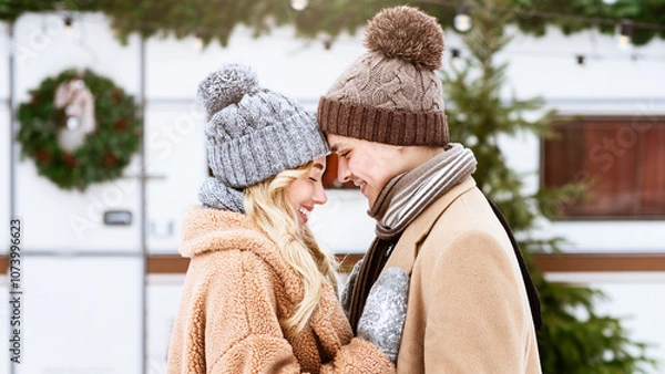 Fototapeta Two individuals share a warm embrace while dressed in cozy winter attire, surrounded by holiday decorations and winter greenery during a cheerful outdoor gathering.