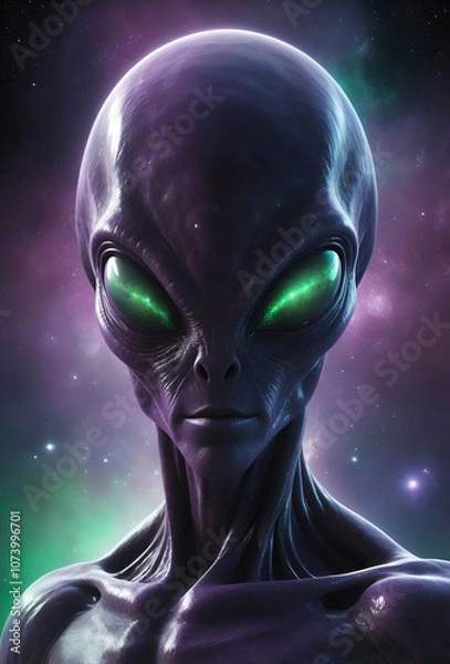 Fototapeta Alien in space with shining eyes and violet light