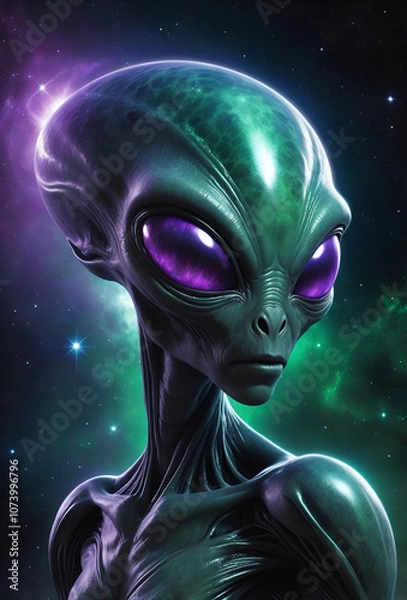 Fototapeta Alien in space with shining eyes and violet light