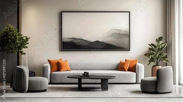 Fototapeta Cozy conference room interior with minimalist furniture modern office space mockup framed artwork 3d render