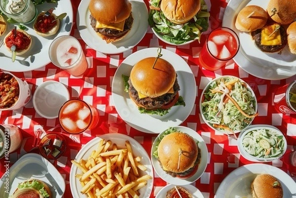 Obraz American-style meal with burgers, fries, and drinks on a checkered cloth, with a retro interior background..