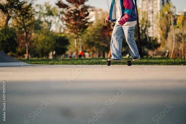 Obraz Skater riding skateboard in skatepark at sunset