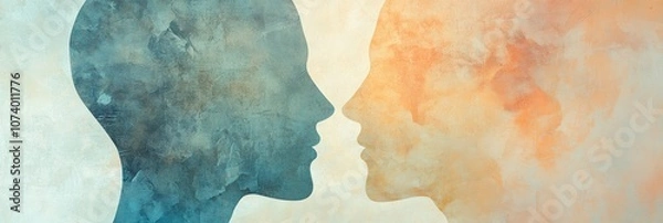 Fototapeta Two abstract silhouettes in soft pastel colors illustrate the themes of communication and empathy, connecting through their profiles. Generative AI