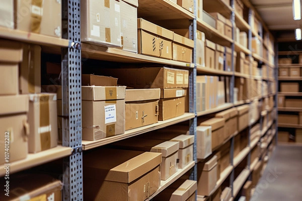 Fototapeta View of law enforcement evidence storage room archive with shelves and boxes, indoor storage details in a manufacturing enterprise